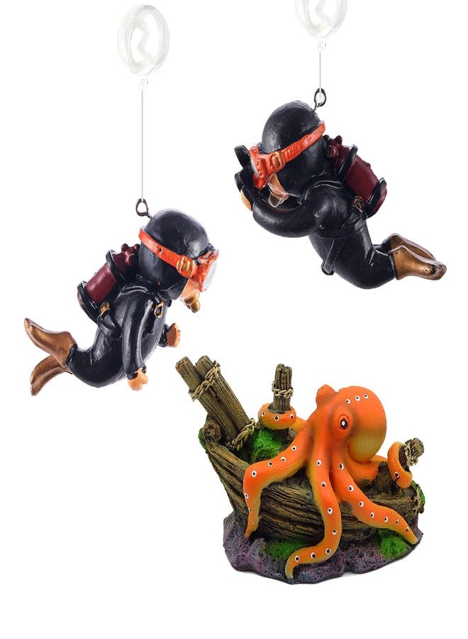 KnocKconK Adventure! Cute Little Diver Fish Tank Decorations, 3 Pack Floating Aquarium Decoration, Funny Fish Tank Decor, Retro Old Octopus Wreck Ornament Artificial Resin Accessories (pink volcano set) - Image 5